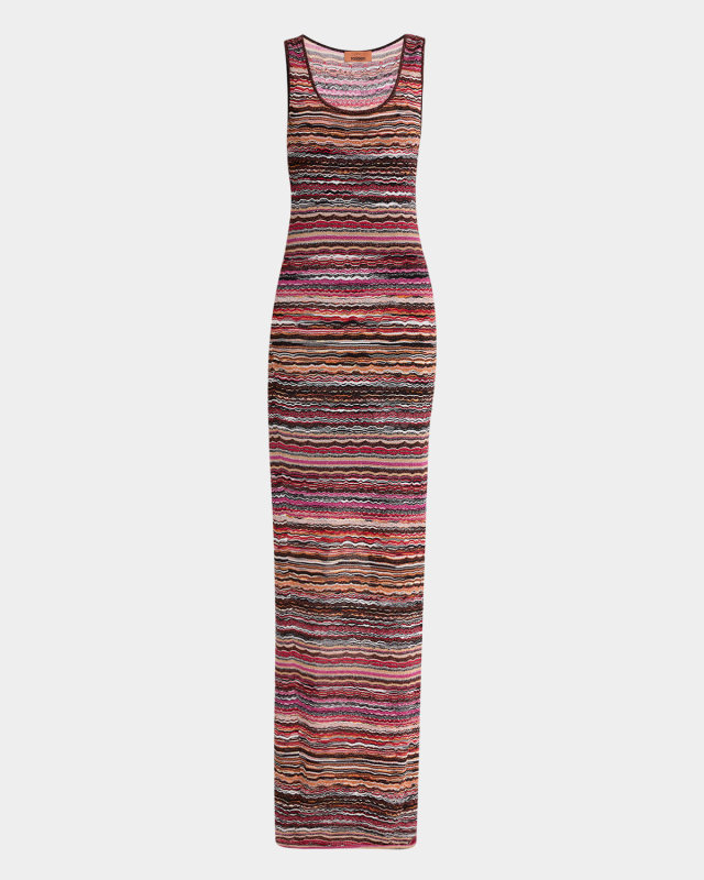 Metallic Wavy Chevron Scoop-Neck Sleeveless Maxi Dress
